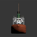 Orange Water Transport Cargo Ship with Long Hull Superstructure and Chimney